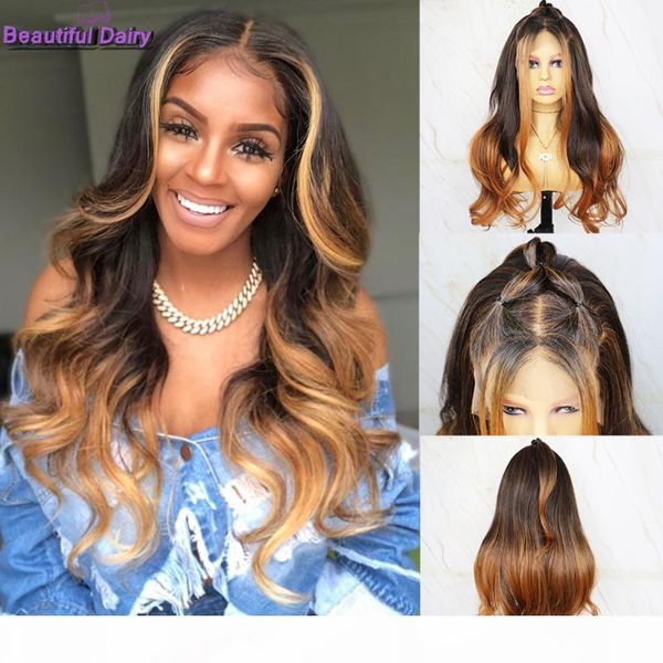 

beautiful diary ombre color lace front synthetic hair wigs for women long wavy 13x6 synthetic lace front wig, Black
