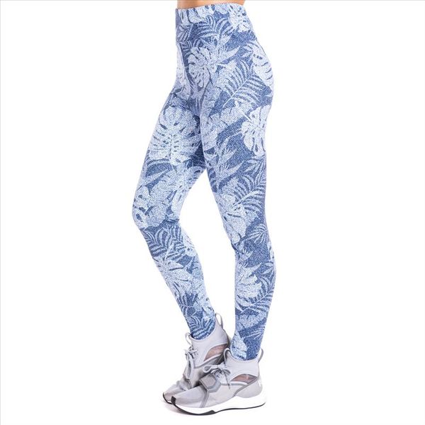 

tropical leaves imitate jeans print legging push up fashion pants high waist workout jogging for women athleisure leggings, Black