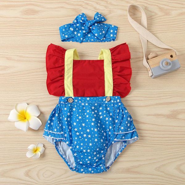 

0-12months princess costume baby girls ruffle star printed backless romper bodysuit+headbands outfits new born baby clothes m4, White