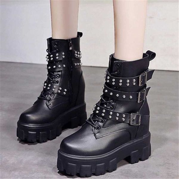 

boots autumn winter fashion women ankle high heel female internal increase thick bottom leather boot 2021 botas mujer, Black