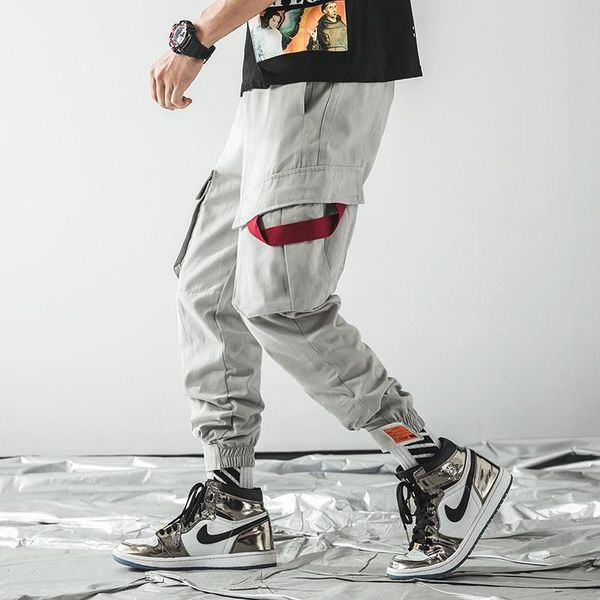 

mens plus size cargo pants loose fit baggy pants multi pockets elastic waist trousers male hip hop streetwear, Black