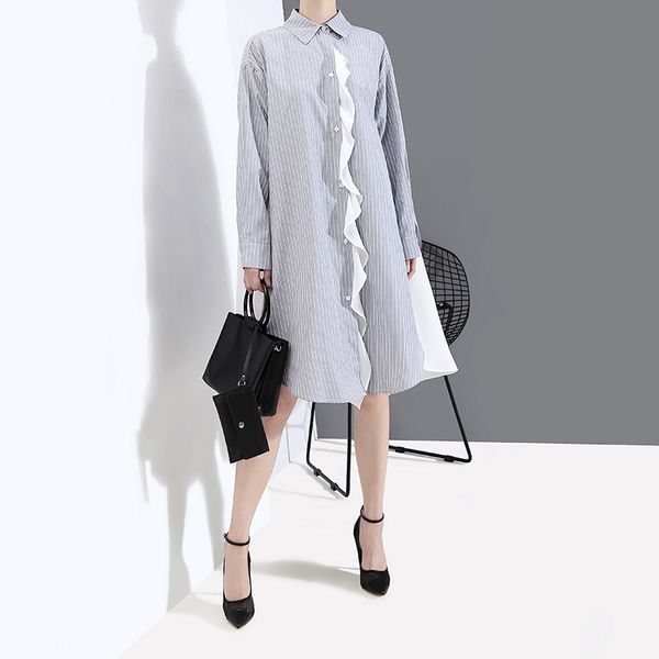

[eam] women striped spliced oversize shirt dress new lapel neck long sleeve loose fit fashion tide spring autumn 2020 lj201203, White;black