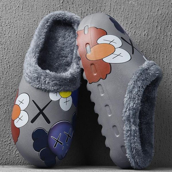 

winter men women slippers cotton warm fur slippers indoor home shoes women graffiti cartoon men shoes size 35-46, Black