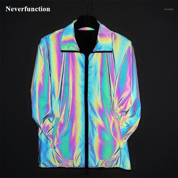 

men night colorful full reflective loose jackets hip hop male streetwear dancer singer windbreaker waterproof zipper jacket coat1, Black;brown