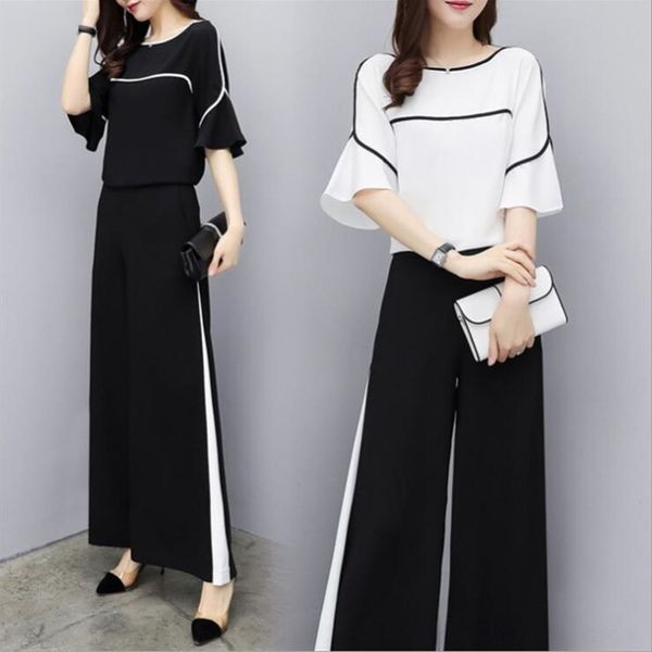 

4c5k8 2020 leg pants summer clothing pantssuit wide new women's slimming chiffon short sleeve high waist two-piece wide leg pants casua, Gray