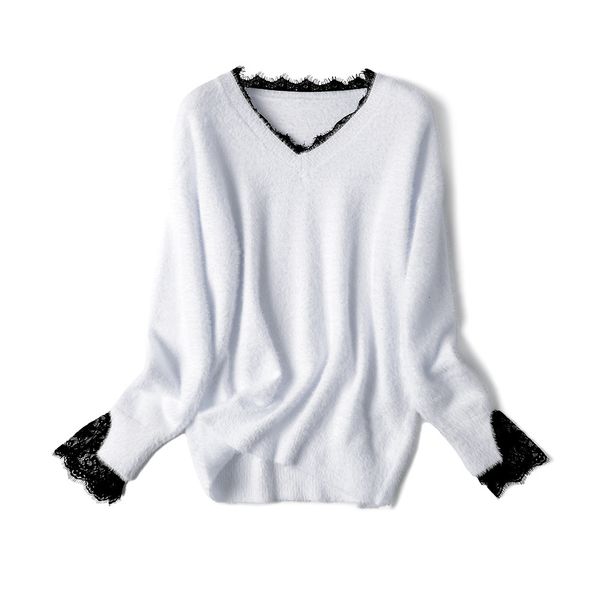 

2021 new v neck women cashmere sweater autumn winter warm fluffy pullovers knitted lace soft female jumper mujer jersey y4o9, White;black