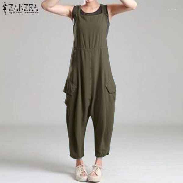 

women's jumpsuits & rompers 2021 summer solid drop crotch zanzea casual sleeveless women work loose overalls suspenders harem pants tur, Black;white