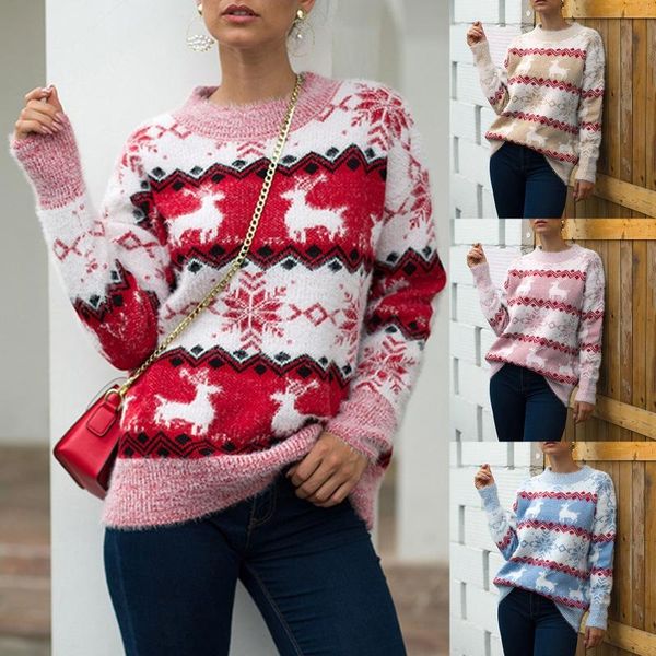 

women winter ugla christmas knitted sweater reindeer snowflake jacquard pullover round neck holiday fuzzy jumper, White;black