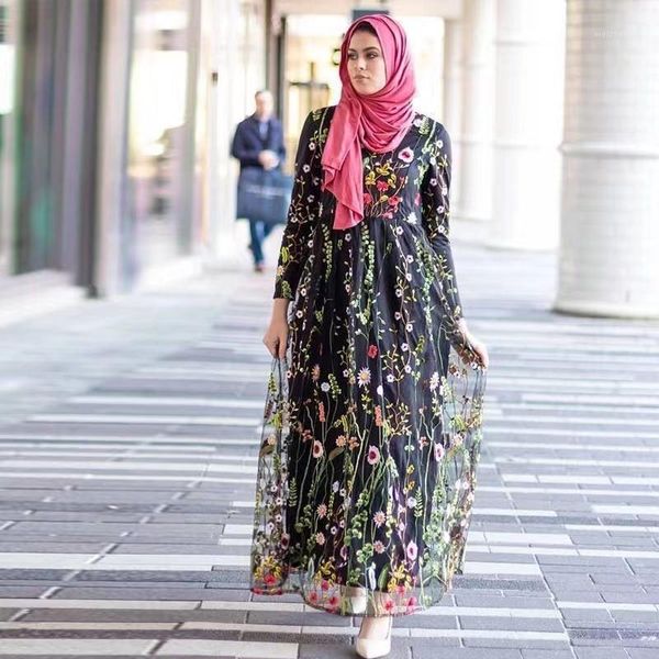 

muslim kaftan dress abaya dubai lace floral embroidered robe elegant modest fashion women's islamic turkey gowns long sleeve1, Red