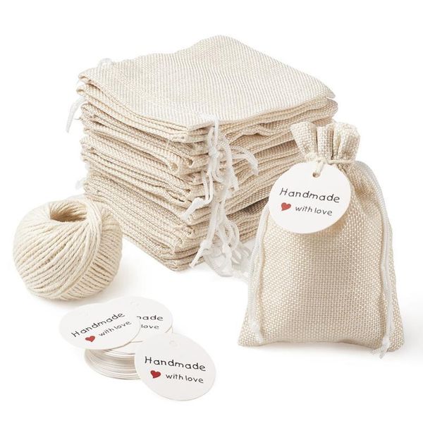 

1set burlap packing pouches drawstring bags with jewelry display kraft paper price tags and hemp cord twine string for bbyhpe