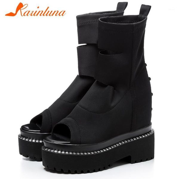 

boots karin fashion female slip on casual mid calf peep toe platform chunky heels women summer shoes woman1, Black