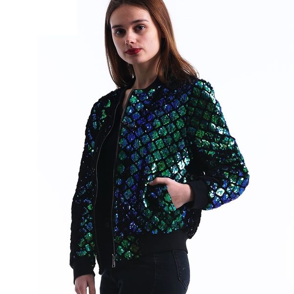 

2021 new women's spring spring, sequin green bomber long-sleeve with zipper streetwear jacket basic ang5, Black;brown
