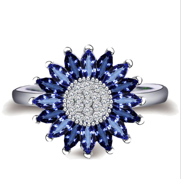 

2018 Vintage Fashion Jewelry 925 Silver Fill Marquise Blue Sapphire CZ Diamond Claw Sunflower Eternity Wedding Band Ring for Women Gift
