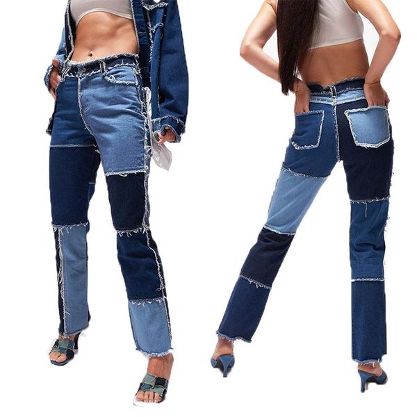

осенние женские лоскутные джинсы мода разнообразные сращенные середины талии проблемные джинсы женщина повседневная свободные прямые джинсов, Blue