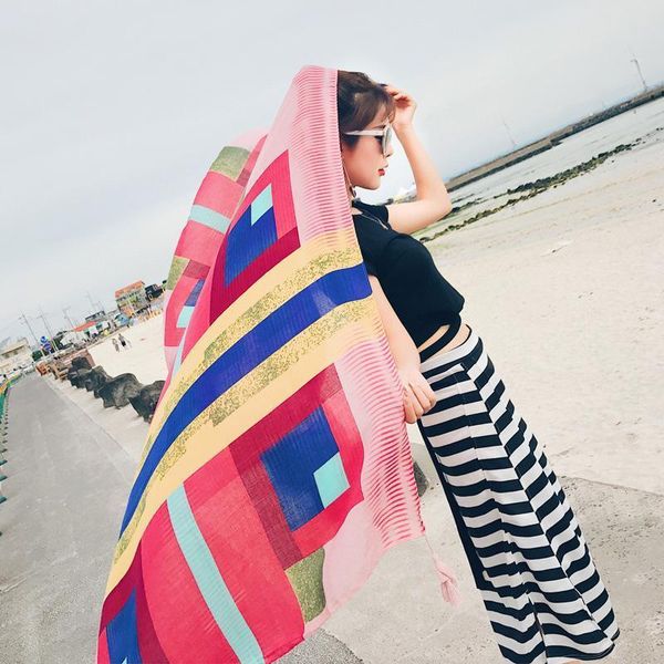 

summer scarf women beach sunscreen shawl plaid dual-use korean-style ethnic travel scarf long scarves, Blue;gray
