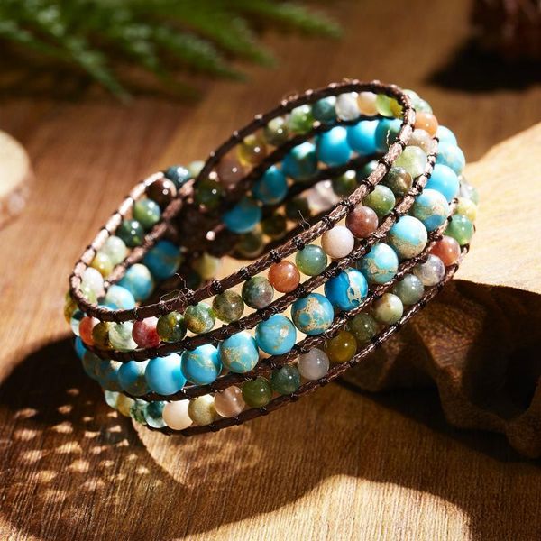 

vintage handmade braid bracelets 7 chakra natural stone leather wrap beads bracele for women multilayer bangle jewelry gift, Black