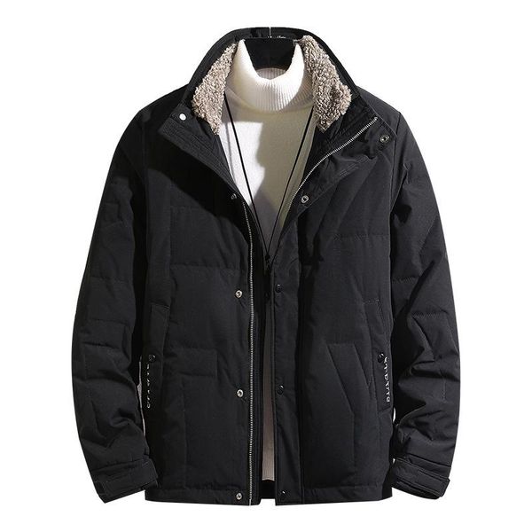 

white duck down jacket lamb hair stand-up collar short large size thick warm solid color casual men's windproof cold resistance, Black