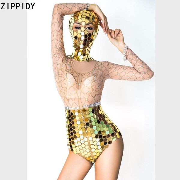 

stage wear gold mirror silver rhinestone transparent bodysuit headdress women dancer prom birthday celebrate outfit youdu, Black;red