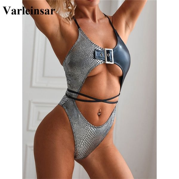 

pu faux leather one piece swimsuit women swimwear female bather tummy cut out bathing suit swim wear monokini v1862 y200319, White;black