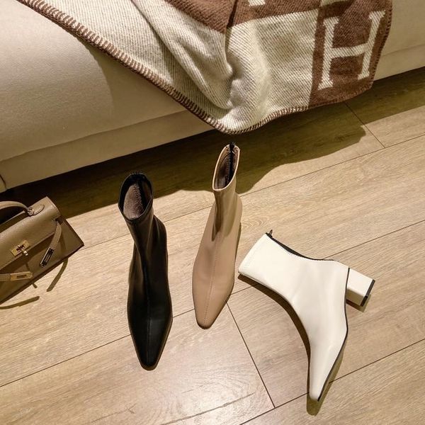 

bright2021 autumn / winter thi thin ba zipper medium heel elastic boots pointed point color matching female short, Black