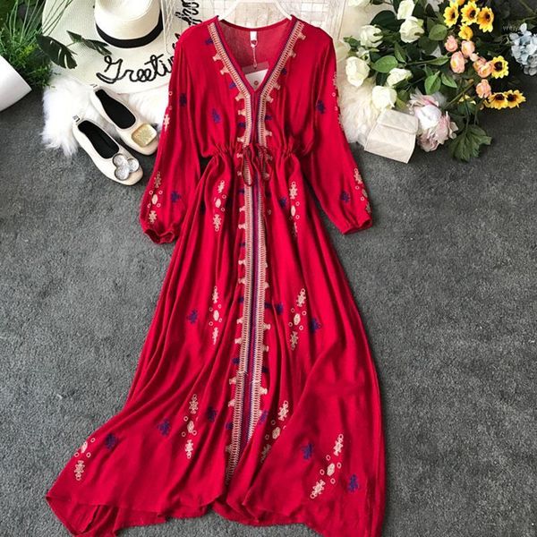 

2020 women summer bohemian dress v-neck a-line ankle-length empire embroidery cotton red long vestidos with sashes plus size 3xl1, Black;gray