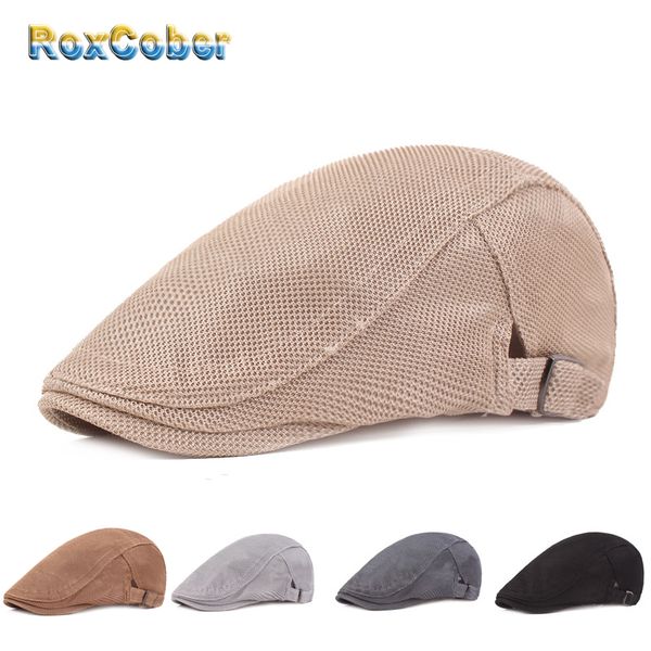 

berets [roxcober] summer breathable cap men women mesh sboy solid color ivy flat caps gatsby hat 195, Blue;gray