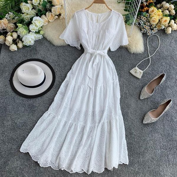 

super fairy sweet hollow embroidery o-neck short sleeve waist lace -up dress drop shipping good quality, Black;gray