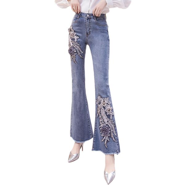 

2021 new elastic high waist flare pants women fashion 3d flower embroidery denim long trousers ladies appliques beading jeans pant y35 hn0v, Blue