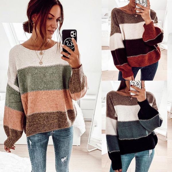 

casual striped parchwork o neck woman sweater long sleeve elastic knitted winter streetwear female fashion1, White;black