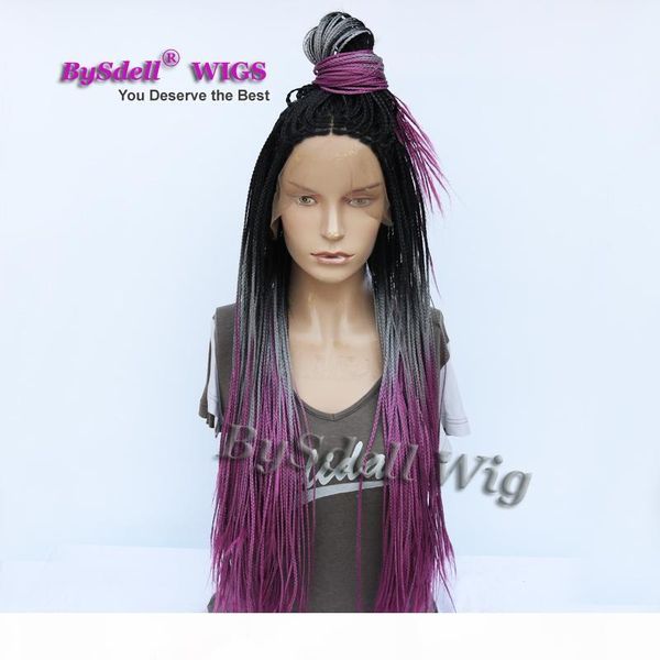 

african box braid wig synthetic black ombre grey teal purple color full braids lace front wigs