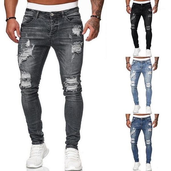 

men's skinny stretch denim pants distressed ripped freyed slim fit fashion the locomotive jeans trousers menpencil pants1, Blue