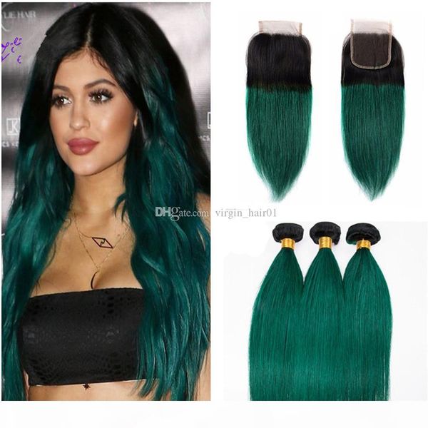 

two tone green human hair weaves with lace closure silky straight hair weaves with lace closure straight virgin indian human hair 4pcs lot, Black;brown