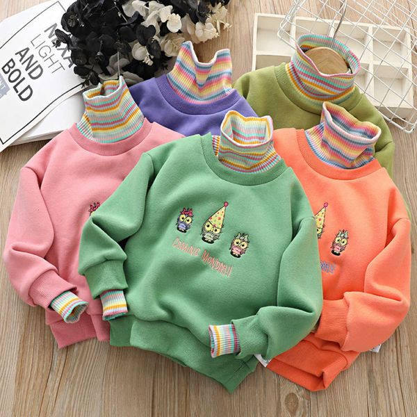 

thickened high girls' half plush collar new pullover winter cartoon warm children's sweater, Black