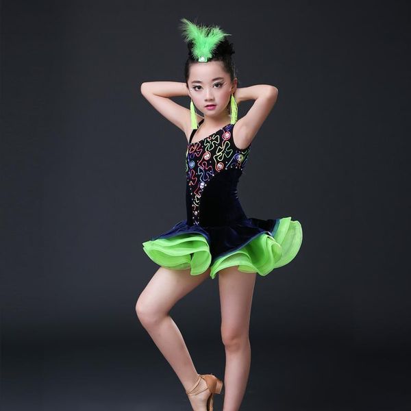 

stage wear latin skirts for kids dance standart ballroom dresses girls competition bambina children velvet dress salsa cha tango, Black;red