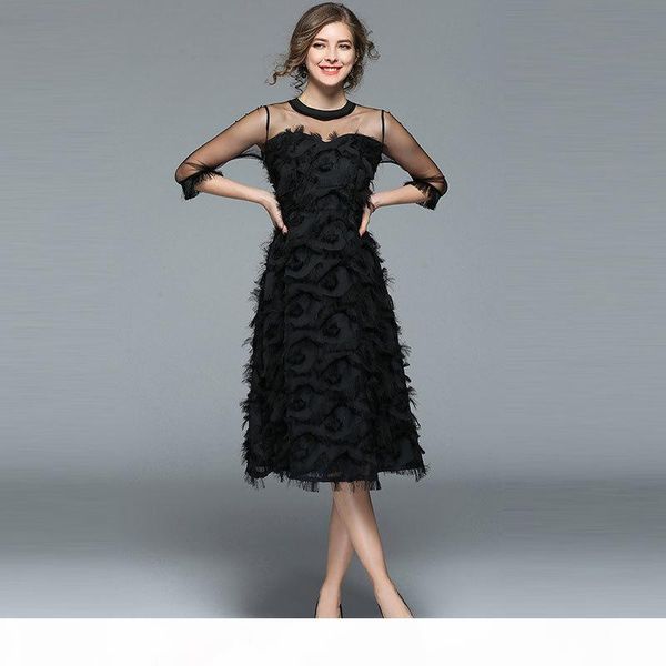 

borisovich luxury women evening party dresses new arrival 2017 spring fashion tassel o-neck elegant black female dress m070 y190117, Black;pink