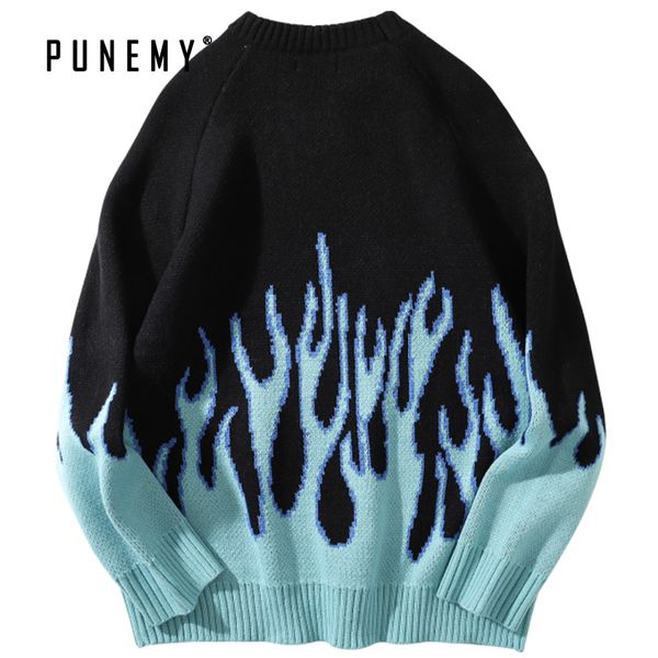 

sweater men pullover hip hop streetwear harajuku retro flame pattern spandex o-neck oversize men clothing couple male sweaters, White;black