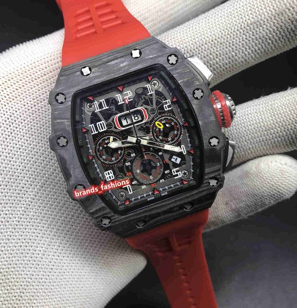 

men&#39s wristwatch carbon fiber case watch 7750 multi-function automatic mechanical watch red rubber strap watches, Slivery;brown