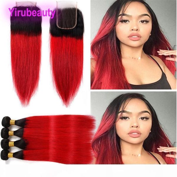 

indian virgin hair extensions 3 bundles with 4x4 lace closure middle three part 1b red straight two tones color 1b red 12-26inch, Black;brown