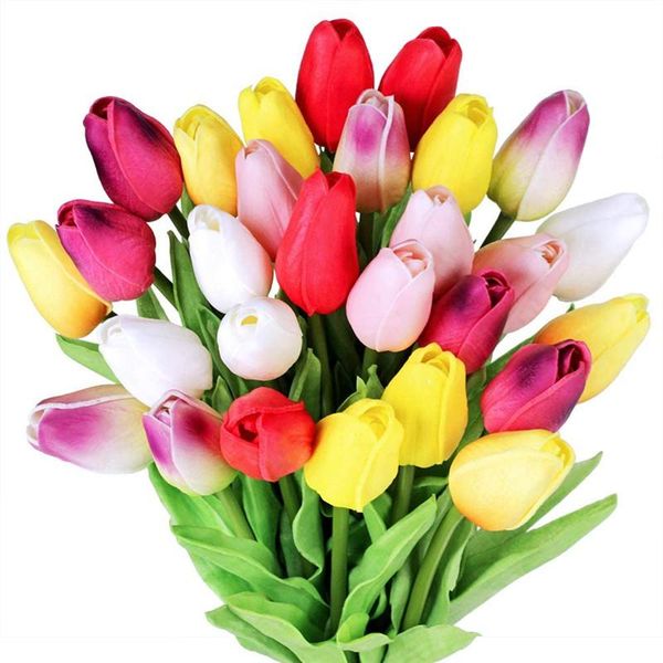 

100pcs pu mini tulip flower real touch wedding flower bouquet artificial silk home party decoration fake tulip