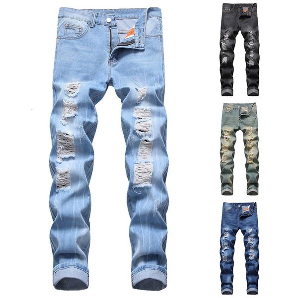 

fashion ripped hole jeans men hollow out beggar cropped motorcycle biker pants mens cowboys demin pants, Blue
