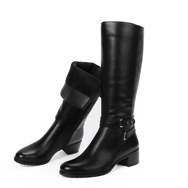 

winter women new plush thicken warm long boots fashion round toe med heels soft riding boots lady casual buckle equeatrian, Black