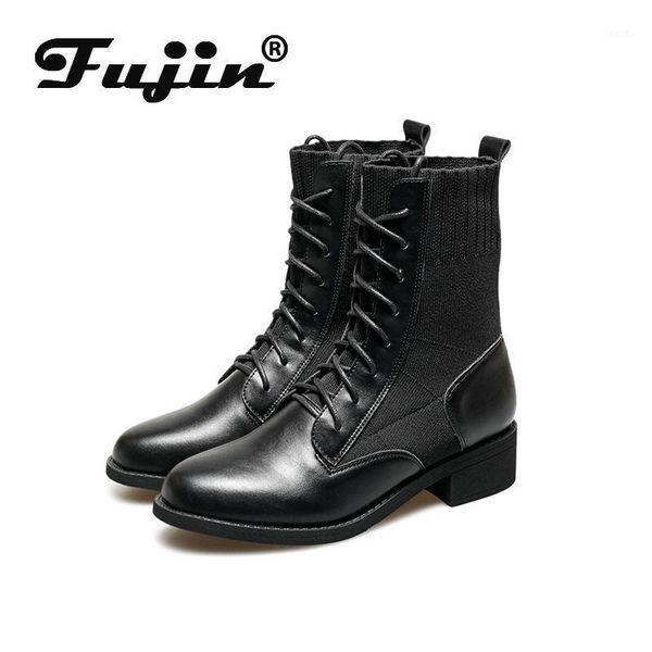 

boots fujin women black genuine leather knitting ankle lace up booties motorcycle winter warm platform fashion breathable boots1