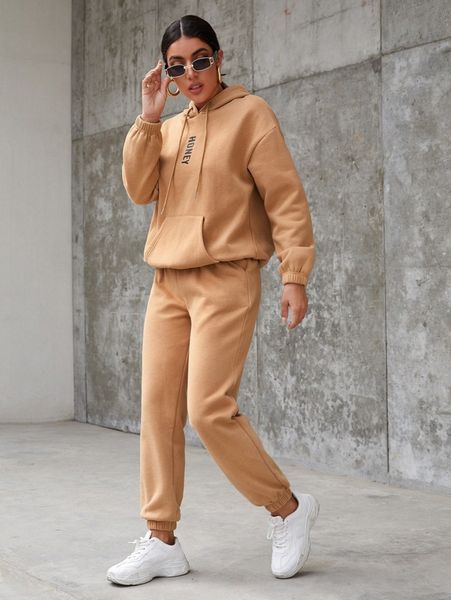 

drop shoulder letter graphic drawstring hoodie & pants set z0qh#, White