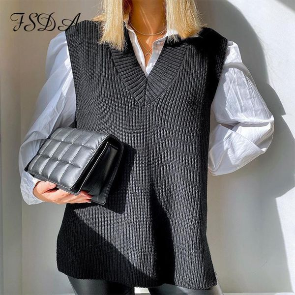 

fsda 2020 black sleeveless vest sweater knitted women casual autumn winter white jumper fashion oversized pullover loose, Black;white