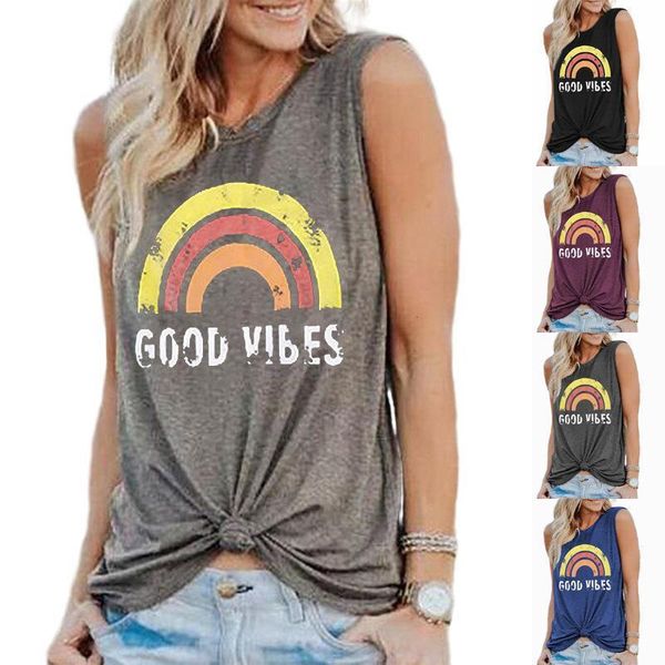 

new 2021 summer sleeveless casual tank good vibes print gray o neck vest femme loose plus size tee, White