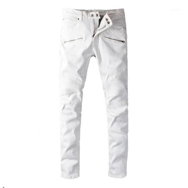 

kiovno men's biker pleated jeans pants slim solid color denim trousers for male washed1, Blue
