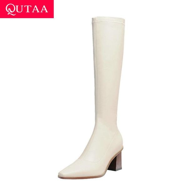 

qutaa 2021 осень зима колено высокие сапоги квадратным каблуком все match женская обувь кожа pu остроконечные toe молния дамы сапоги размер, Black