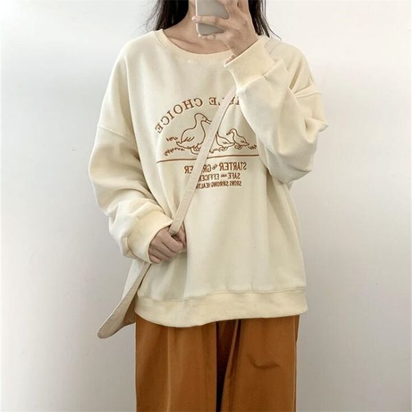 

cute duck plus velvet warm embroidery round neck pullover sweatshirt women 201211, Black