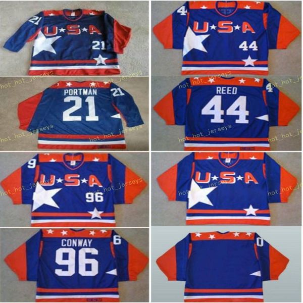 

men vintage 96 charlie conway jerseys movie usa ice hockey jersey 21 dean portman 44 fulton reed blue home all stitched, Black;red