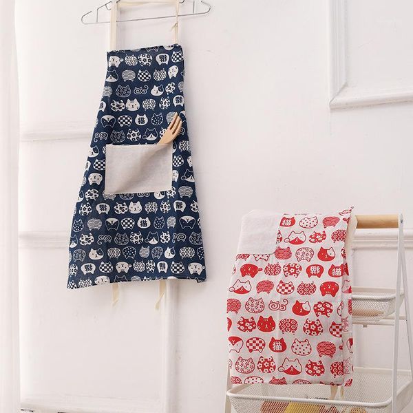 

cartoon cat design apron with pockets cotton linen sleeveless anti-oil chef kitchen cooking aprons kitchen tool qj051